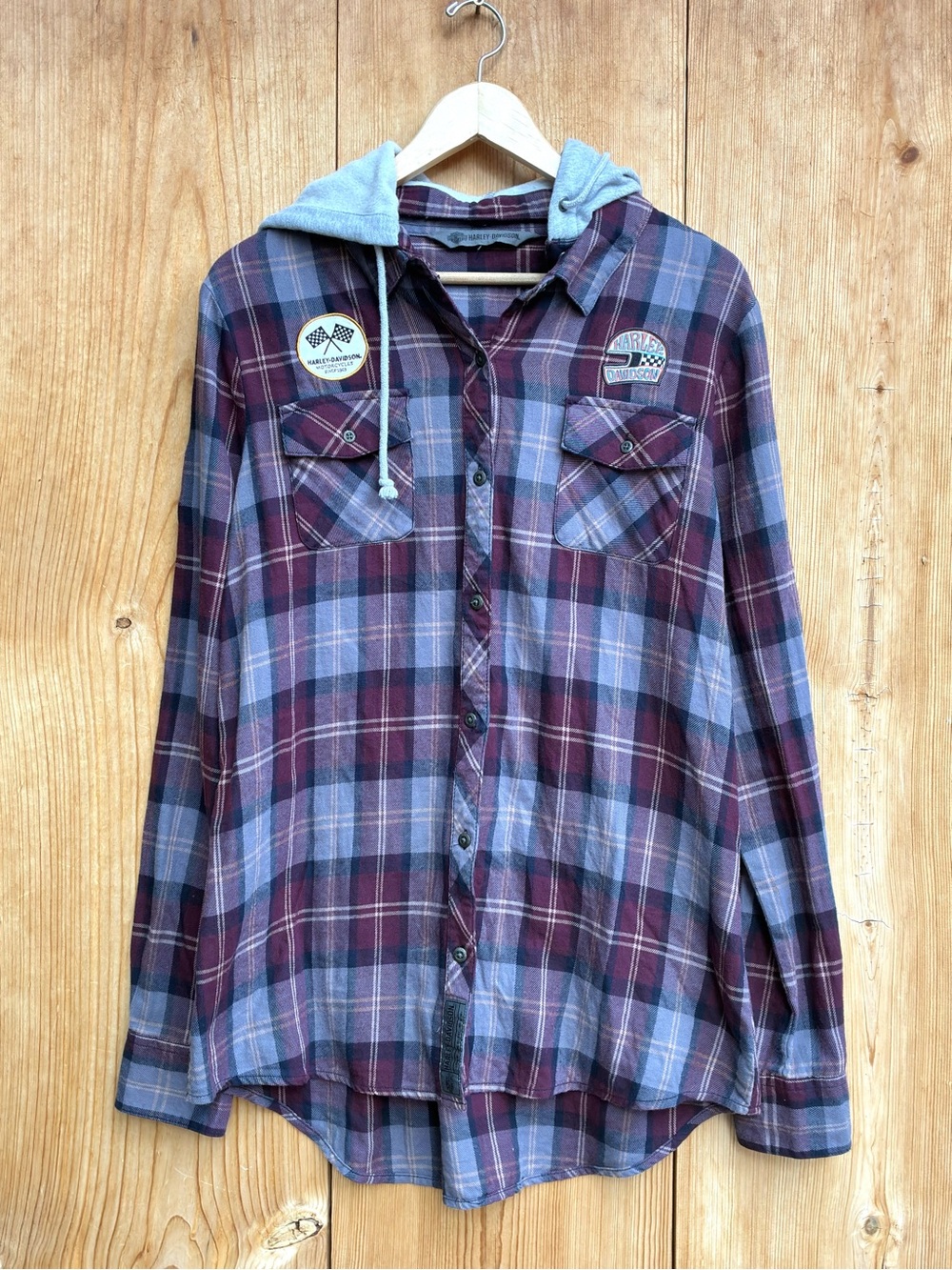 Harley-Davidson Women’s Plaid Flannel Long Sleeve Removable Hood Shirt Sz Large